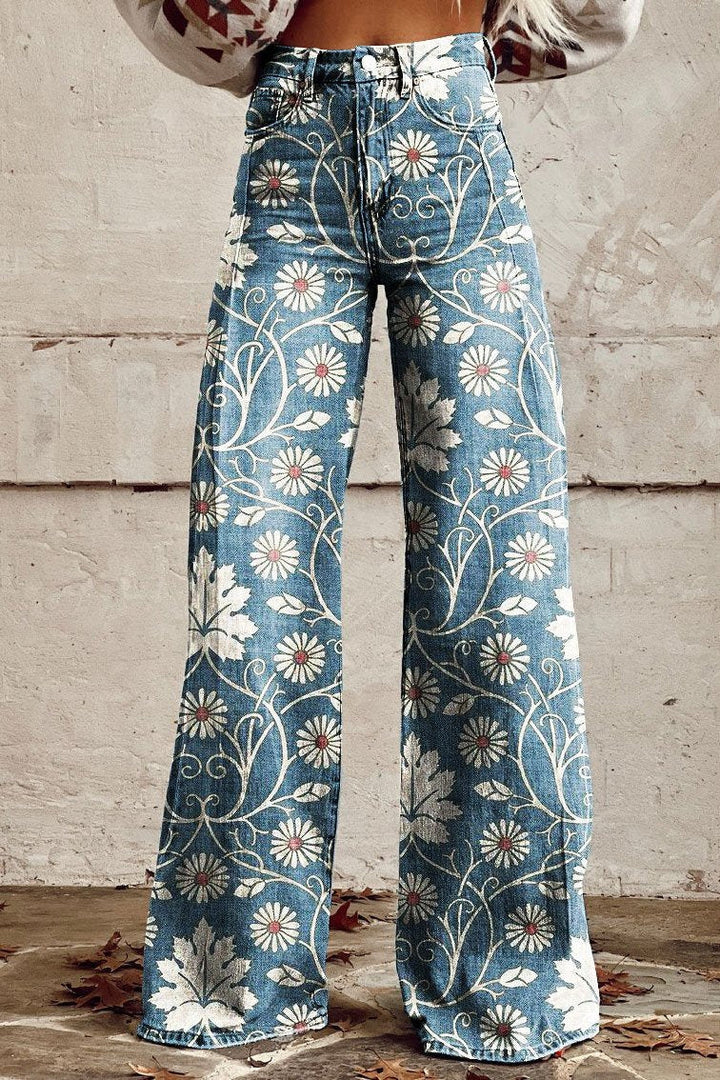 Veronica | Vintage Daisy Vine Jeans met brede pijpen
