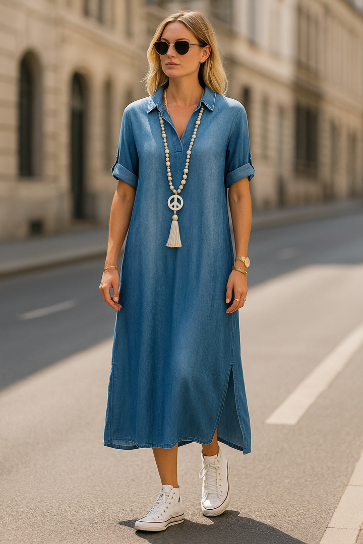 Lea | Lange Jurk in Jeanslook met Zijsplit