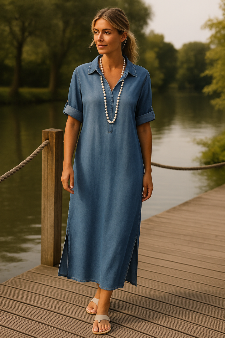 Lea | Lange Jurk in Jeanslook met Zijsplit