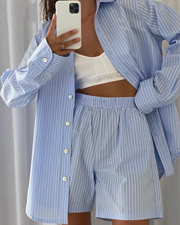 Nadine │Blauw-wit gestreept pyjama set
