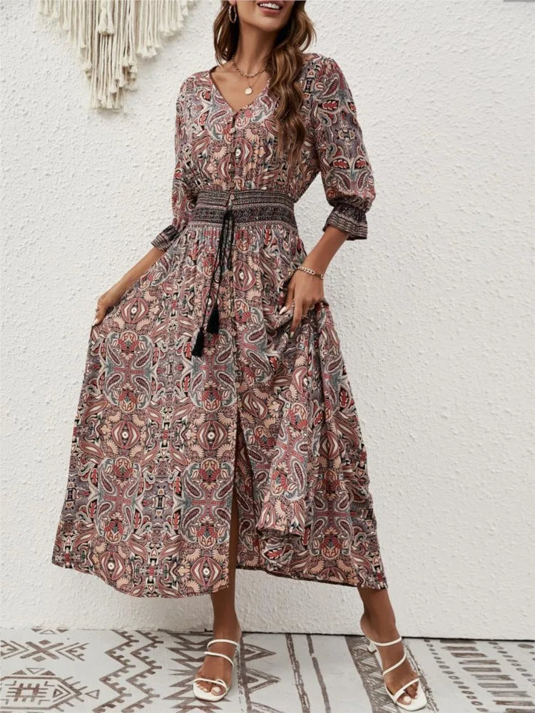 Doris | Bohemian midi-jurk met taille-accent