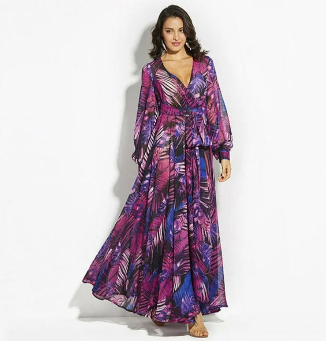 Evarine | Lange damesjurk met V-hals en ballonmouwen