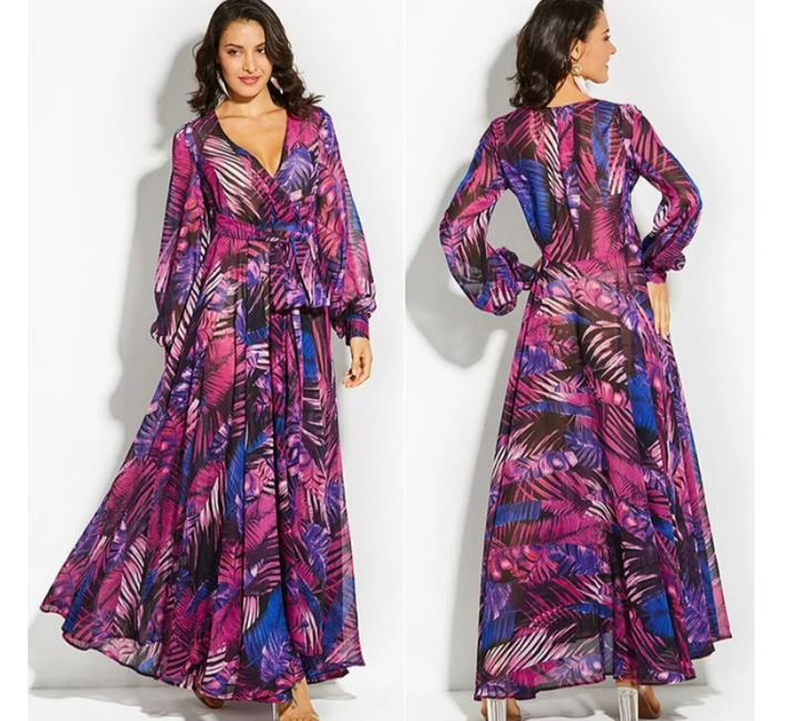 Evarine | Lange damesjurk met V-hals en ballonmouwen